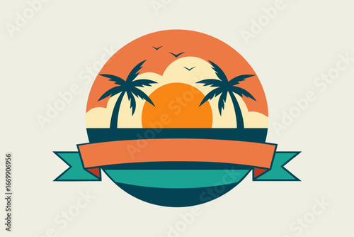 Vector illustration of a tropical island with palm trees on a sandy beach under a summer sun