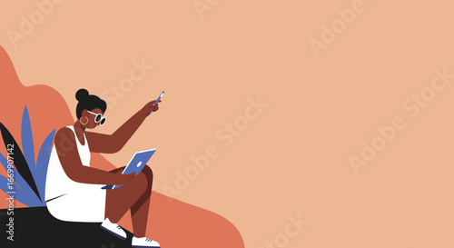 Stylish woman working on a laptop with a pen in a modern, abstract setting. Represents remote work, creative freedom, and digital learning. Copy space for text.