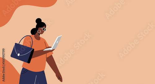 Modern woman engaged with laptop, carrying a bag. Represents remote work, digital connectivity, and contemporary lifestyle with ample copy space for text.