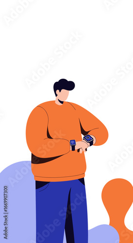 Modern man checking his smartwatch for updates and time management. Illustrates technology, connectivity, and a digital lifestyle.