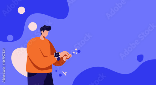 Young man using a smartwatch for digital communication and modern lifestyle management. Concept of wearable technology and connectivity.
