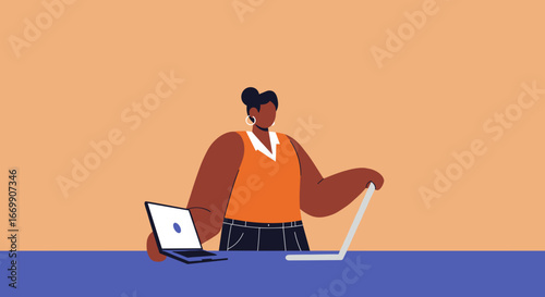 Professional woman working remotely at a desk with multiple laptops, representing modern digital business, education, and flexible work solutions.