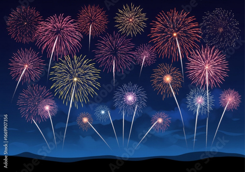 Colorful fireworks exploding in the night sky during a celebration