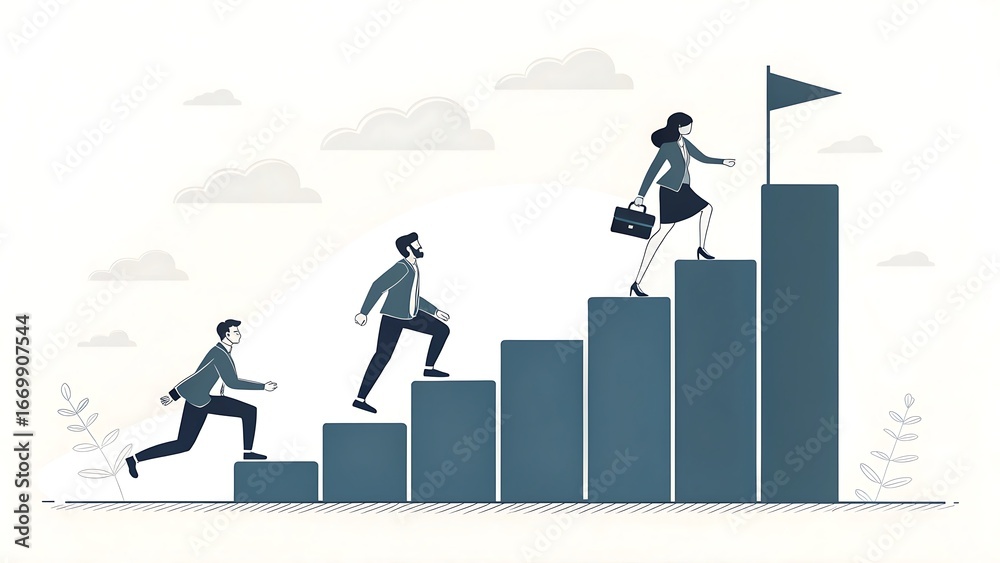 Fototapeta premium Minimalist flat vector of businesspeople climbing stairs shaped like a bar chart, symbolizing success.