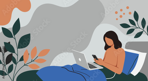 Person working remotely from bed, simultaneously using a laptop and smartphone. Represents modern comfort, digital connectivity, and flexible work-life.