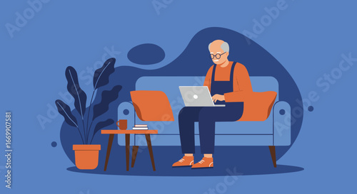 Senior man working or learning on a laptop from his comfortable home sofa, reflecting digital inclusion and a connected lifestyle.