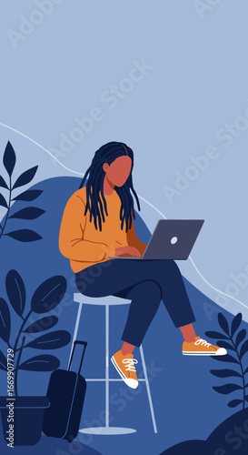 Focused young woman with dreadlocks working remotely on her laptop. Ideal for themes of digital nomad lifestyle, online education, freelance work, and modern business productivity while traveling.