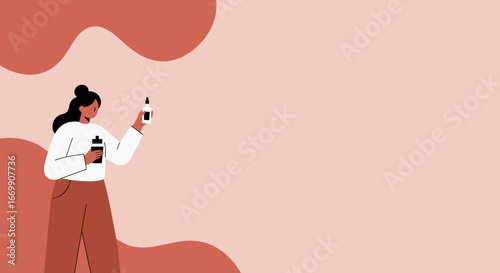 A woman evaluates skincare products, holding a dropper bottle and a reusable cup. Ideal for beauty, wellness, or sustainable lifestyle concepts.