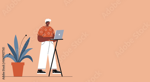 Modern person working efficiently on a laptop at a standing desk, embodying productivity and a flexible remote work lifestyle.