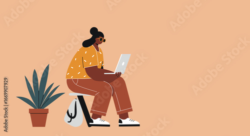 Modern illustration of a person working remotely on a laptop, representing digital communication, productivity, and flexible work-life.