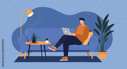 Man working on a laptop from the comfort of his home sofa, embodying remote work, freelancing, or online learning. Ideal for lifestyle and business concepts.