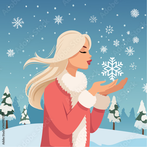 Beautiful blonde woman puffing snow flakes in winter fur