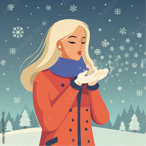 Beautiful blonde woman puffing snow flakes in winter fur
