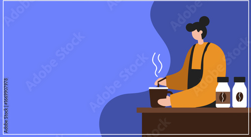 Flat design illustration of a person preparing a steaming hot coffee, surrounded by coffee beans. Perfect for cafe, morning routine, or beverage concepts.