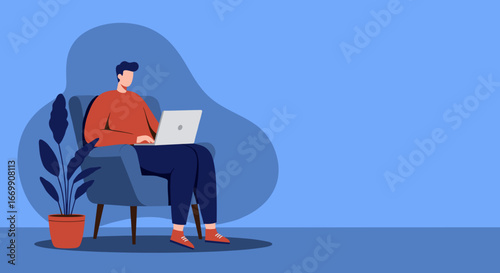 Man comfortably working from home on his laptop, sitting in an armchair with a houseplant nearby. Ideal for remote work, online learning, or digital lifestyle concepts.