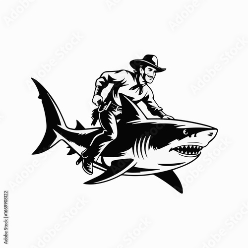 Cowboy illustration of fish rodeo scene koi shark for art poster t-shirt graphic