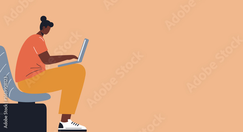 Modern illustration of a person working remotely on a laptop, embodying productivity and a flexible digital lifestyle. Ideal for business, technology, or casual work concepts.
