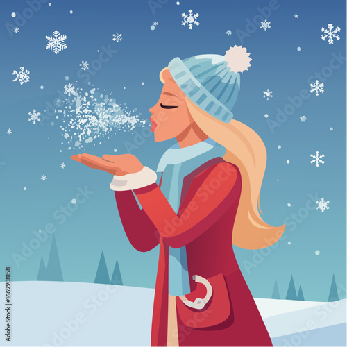 Beautiful blonde woman puffing snow flakes in winter fur