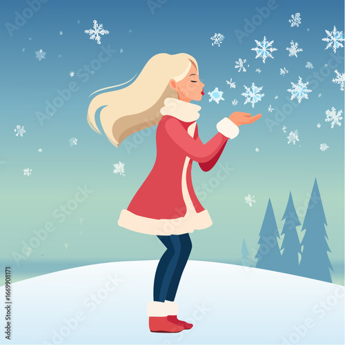 Beautiful blonde woman puffing snow flakes in winter fur