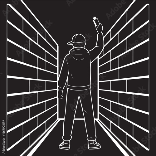 Urban artist creates masterpiece on illuminated brick wall in a dark alleyway capturing the essence of street art and creativity