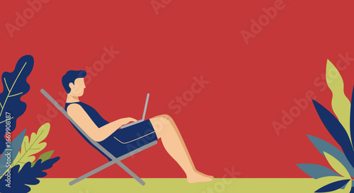A man in leisure wear works on his laptop while relaxing in a deck chair, surrounded by tropical plants. Concept of remote work, digital nomad, or vacation productivity.