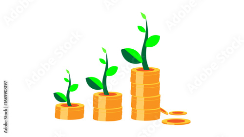 Growing financial success concept with money stacks and plant sprouts, investment gains