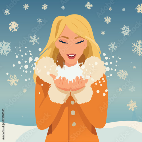 Beautiful blonde woman puffing snow flakes in winter fur