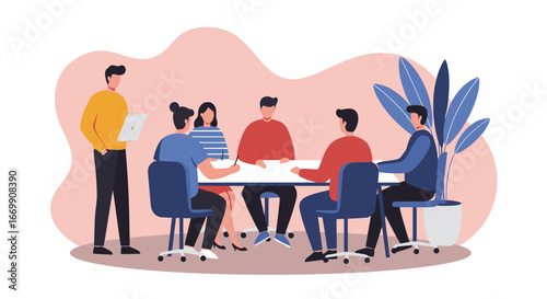 Diverse business team collaborating in a modern office meeting, discussing ideas and strategies. Ideal for teamwork, planning, and professional development.