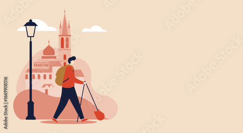 A male traveler with a backpack and walking poles explores a European city street, featuring historic architecture. Represents adventure, tourism, and active lifestyle.