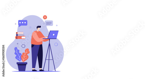 Man working diligently on a laptop on a stand, surrounded by books and digital communication icons. Represents remote work, online learning, and digital productivity.