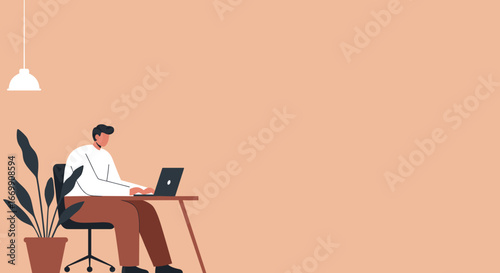 Focused man working remotely on his laptop from a modern home office with a minimalist design, ideal for business, online learning, or digital lifestyle content.