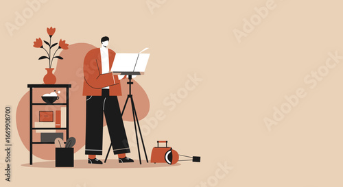 Minimalist illustration of a man engaged in a creative activity, possibly painting or presenting, in a modern interior setting. Ideal for design, education, and lifestyle themes.