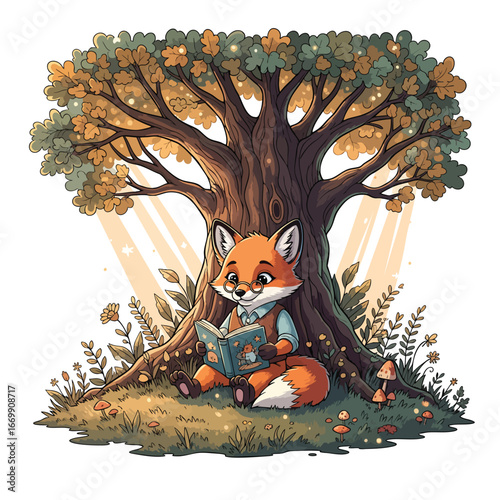 A charming cartoon fox wearing glasses and a vest reading a book under a large leafy tree.