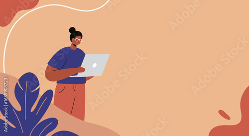 Modern illustration of a person using a laptop on an abstract background. Represents remote work, online learning, and digital business solutions.