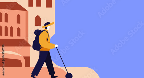 A person with a backpack and walking stick explores a charming historic town, ideal for travel, adventure, and lifestyle content.