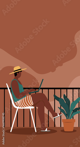 Individual works on laptop from a sunny balcony, embodying remote work, digital nomad lifestyle, and summer relaxation. Ideal for business, travel, or leisure themes.