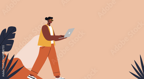 Focused individual works on a laptop while walking amidst abstract plants, reflecting remote work, modern lifestyle, and connectivity.