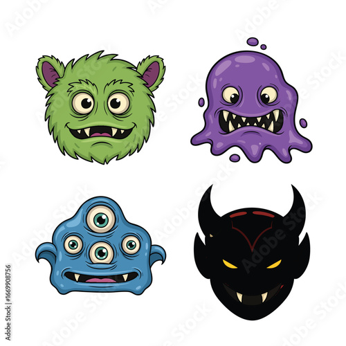 A collection of four colorful and expressive cartoon monster heads for design elements.