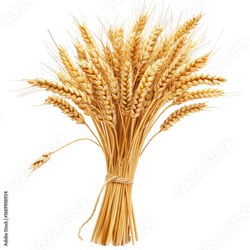 A tightly clustered bunch of golden wheat stalks