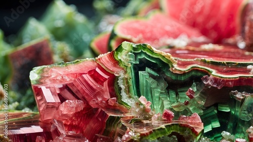 Close-up watermelon tourmaline crystal with vibrant pink and green layers, luxury gemstone texture background for decorative abstract design
