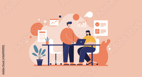 Two professionals collaborating in a modern office, discussing project strategy and analyzing data on a laptop. Ideal for business, teamwork, and planning concepts.