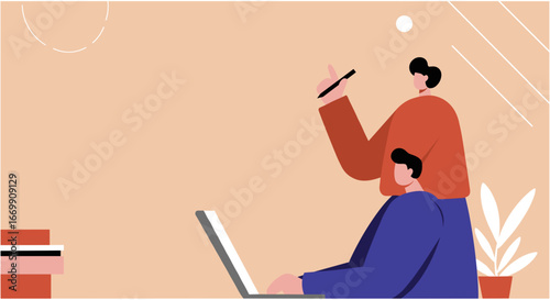 Two colleagues collaborate on a project using a laptop, brainstorming ideas. Represents teamwork, innovation, and professional development in a modern office setting.