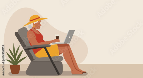 Mature woman in a sun hat works on laptop, enjoying a drink in a relaxed setting. Depicts modern retirement, remote work, and leisure travel lifestyle.