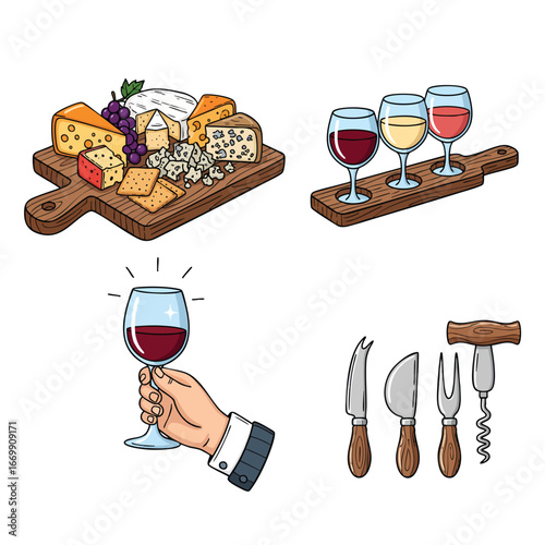 A colorful handdrawn illustration set of wine tasting and cheese board elements including a charcuterie platter wine flight and serving tools.