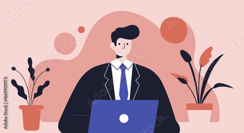 Professional businessman working diligently on his laptop in a modern, minimalist office environment. Ideal for concepts of productivity, remote work, and digital business.