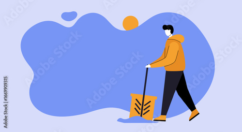 Flat illustration of a person shoveling snow, representing winter chores, hard work, and seasonal home maintenance. Ideal for winter service concepts.