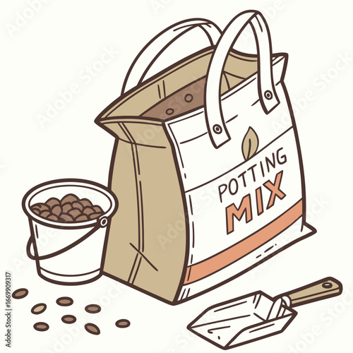 Bag of potting mix with a bucket of soil and a scoop for gardening dirt planting