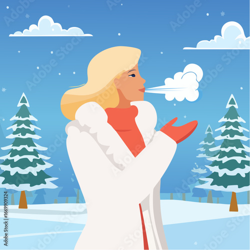 Beautiful blonde woman in white fur puffing.