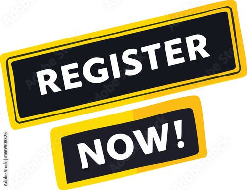 Eye-catching yellow and black 'Register Now!' button graphic, designed to encourage immediate sign-ups for online platforms or event participation