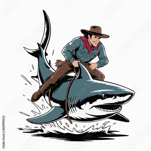 Cowboy illustration of fish rodeo scene koi shark for art poster t-shirt graphic